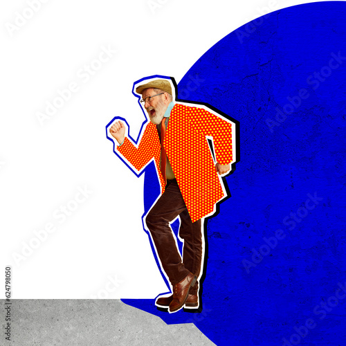 Contemporary art collage. Stylish, senior, cheerful man in colorful retro clothes dancing and having fun. Concept of international day of older persons, care, age, social issues, October 1. Poster, ad photo