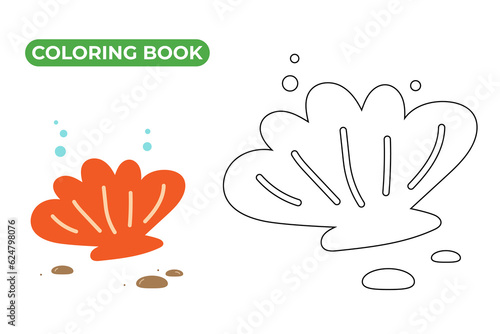 Scallop on ocean floor. Vector illustration. Drawing of sea shell with pebbles and air bubbles. Hand drawn sketch doodle style. Coloring book for kids.