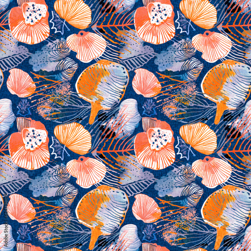  Seamless blue red underwater shell clam repeat background. Tropical modern seashell coastal pattern clash fabric coral reef print for summer beach textile designs with a linen cotton effect.