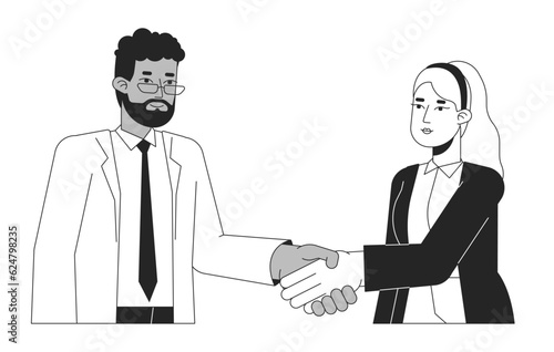 Negotiating business people bw vector spot illustration. Leaders colleagues 2D cartoon flat line monochromatic characters for web UI design. Networking event editable isolated outline hero image
