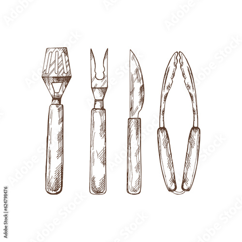 A set of hand-drawn sketches of barbecue tools. Detailed retro style grill tools. Doodle vintage illustration. Engraved image.