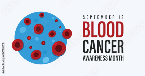 September is Blood Cancer Awareness Month vector banner for print and social media. Flat design style featuring red blood cells on Petri dish.