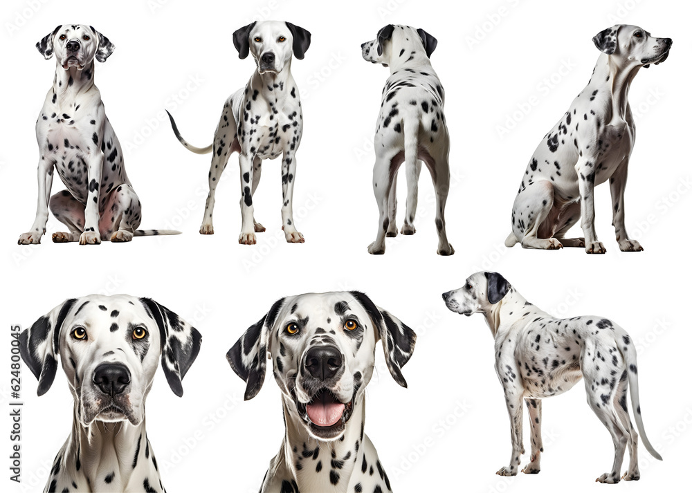 Dalmatian dog puppy, many angles and view portrait side back head shot isolated on transparent background cutout, PNG file