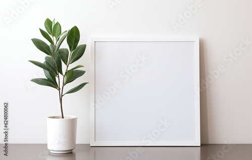 Isolated on a pristine white background, a potted green plant accompanies an empty white photo frame, waiting for memories to be captured