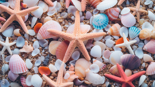 A closeup shot captures the wondrous tapestry of seashells, starfish, and vibrant coral, adorning the seaside's beauty in a single frame