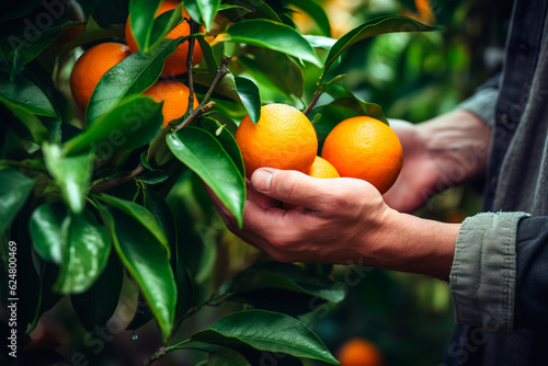 Male hands pick juicy tasty oranges from a tree in the garden, harvesting on a sunny day, generative ai