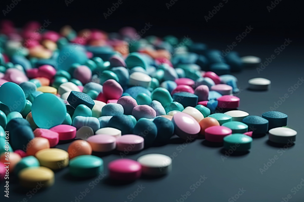 different pills spilled on background. Generative AI illustration. Generative AI illustration different pills spilled on background. Generative AI illustration. Generative AI illustration