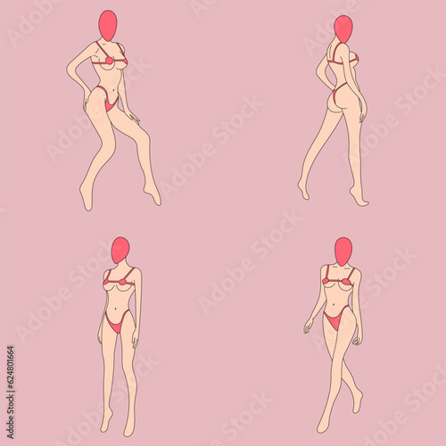 girl model sketch small skin nude erotic sexy in swimsuit pose pattern background purple pink faceless position bare woman heels