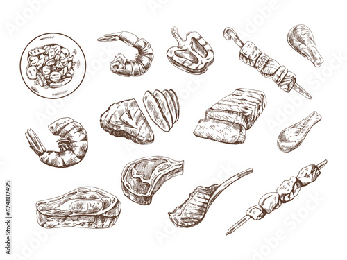 Slika na platnu A set of hand-drawn sketches of different types of meat, steaks, shrimp, chicken, grilled vegetables, barbecue