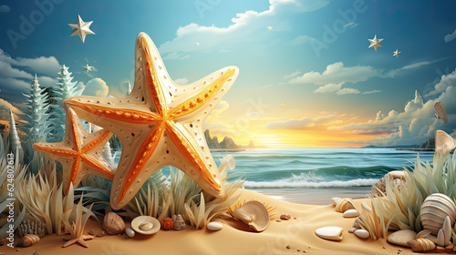a white starfish on the beach with shells and a sea in the background. Generative AI