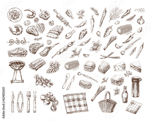 Foto A set of hand-drawn sketches of barbecue and picnic elements
