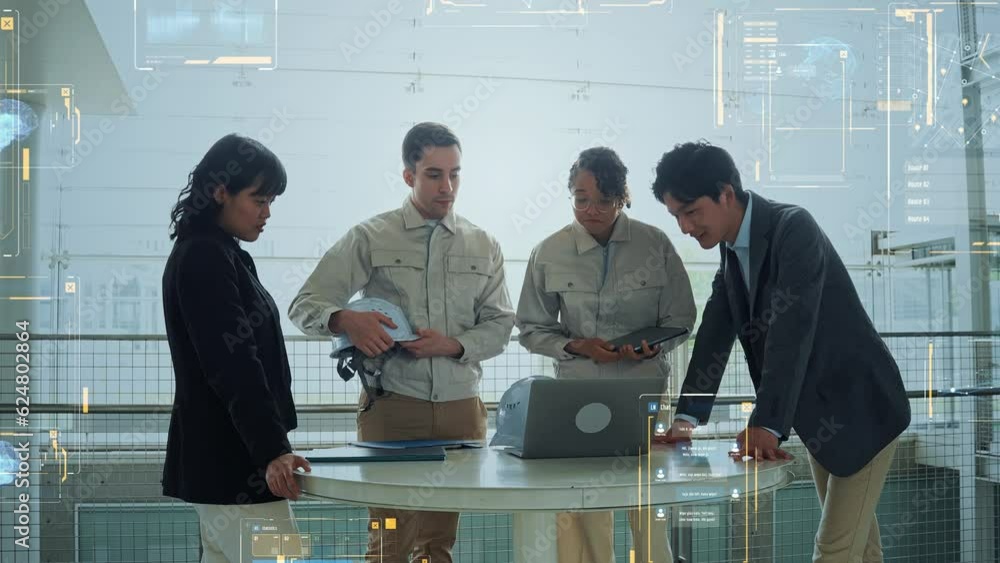 Multinational engineers meeting in the lobby and digital technology concept.