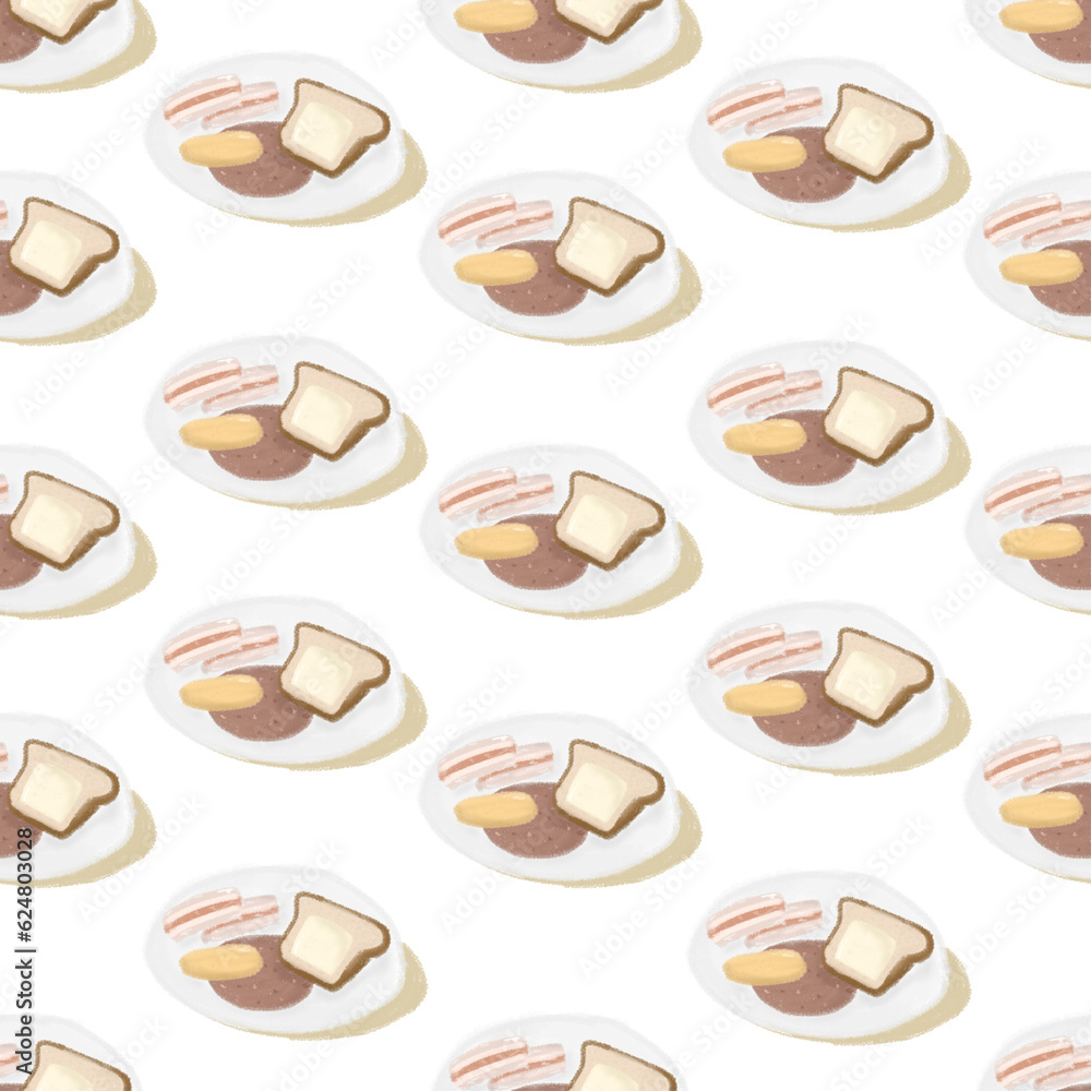 seamless pattern of breakfast bread, cheese and ham isolated on white background seamless pattern of breakfast bread, cheese and ham isolated on white background