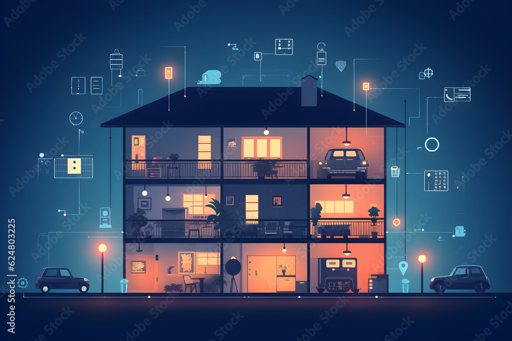 Smart home components connected via IoT Internet of things, modern Artificial intelligence powered smart home