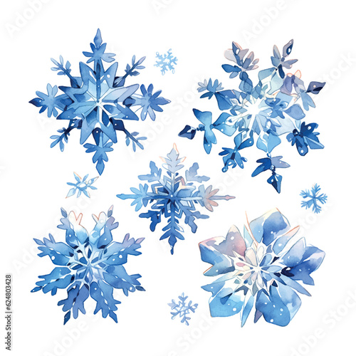 Blue snowflakes watercolor in beautiful style on white background. Winter holiday season. Vector set.