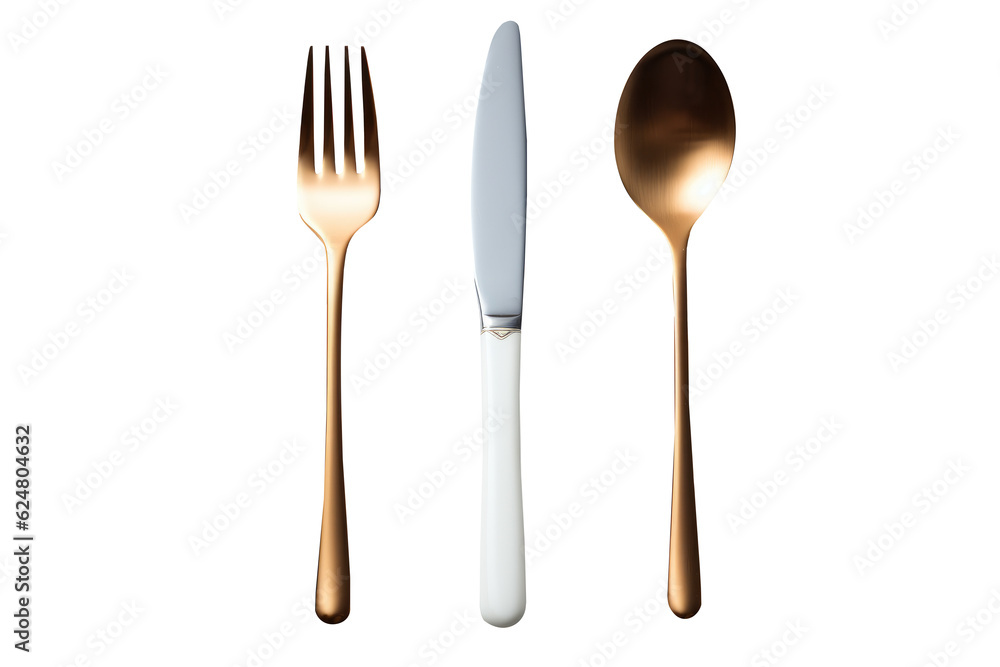 Set of spoon fork and knife stainless steel isolated on transparent background. Generative Ai Set of spoon fork and knife stainless steel isolated on transparent background. Generative Ai
