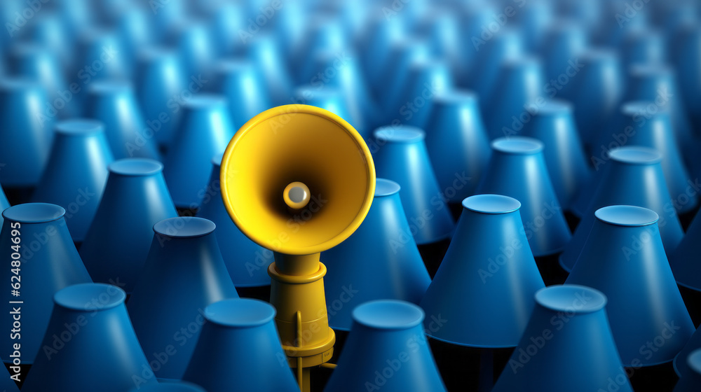 Fototapeta premium Yellow colored megaphone standing out from the crowd of blue - communication or speak-up illustration concept