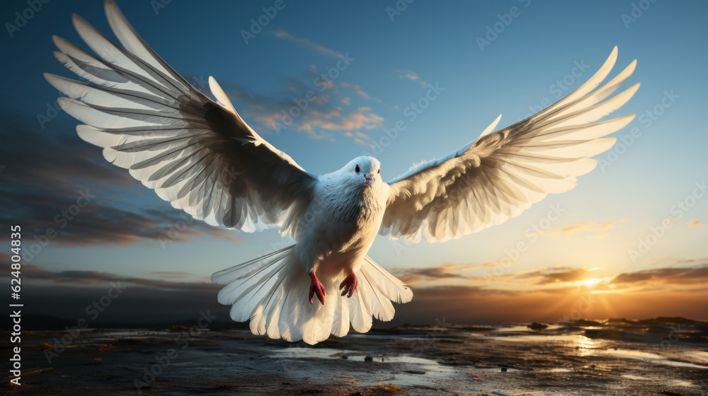 Obraz premium White dove flying up the sky with wing spread apart sunlight shining on it with blue sky background