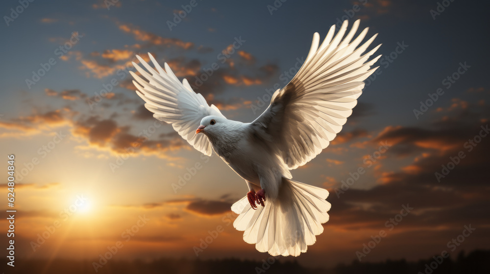 Obraz premium White dove flying up the sky with wing spread apart sunlight shining on it with blue sky background
