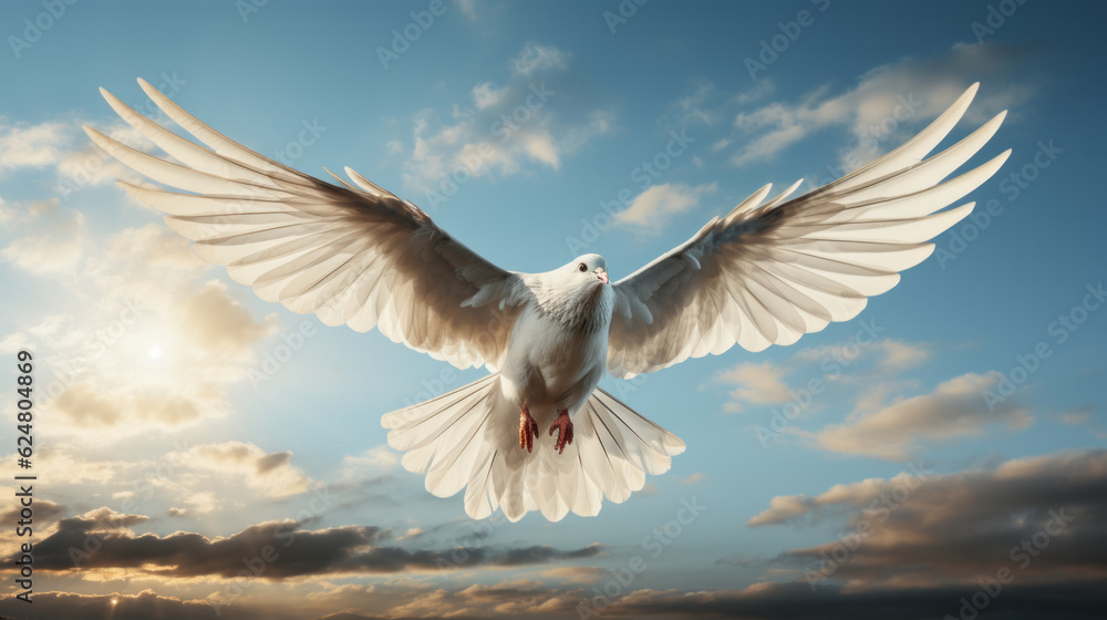 White dove flying up the sky with wing spread apart sunlight shining on it with blue sky background White dove flying up the sky with wing spread apart sunlight shining on it with blue sky background