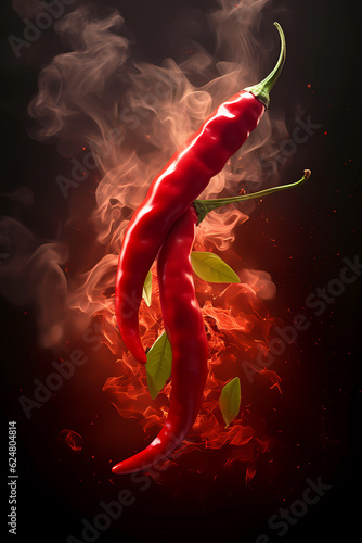 Chili pepper with smoke and fire on black background