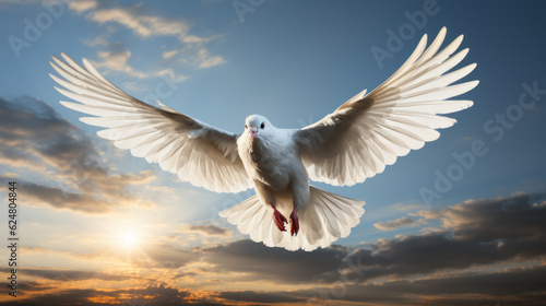 White dove flying up the sky with wing spread apart sunlight shining on it with blue sky background