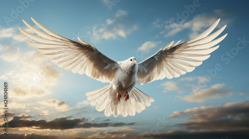 White dove flying up the sky with wing spread apart sunlight shining on it with blue sky background © Keitma