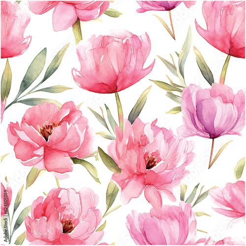 Pink pions pattern watercolor on white background.