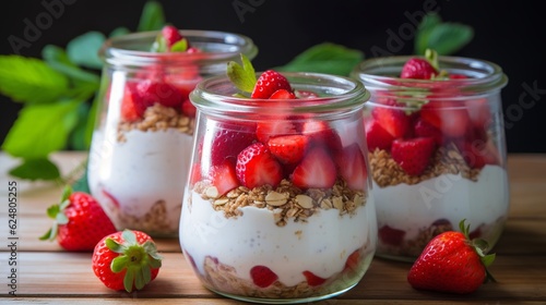 Yogurt with strawberries, oat flakes and chia, Generative AI