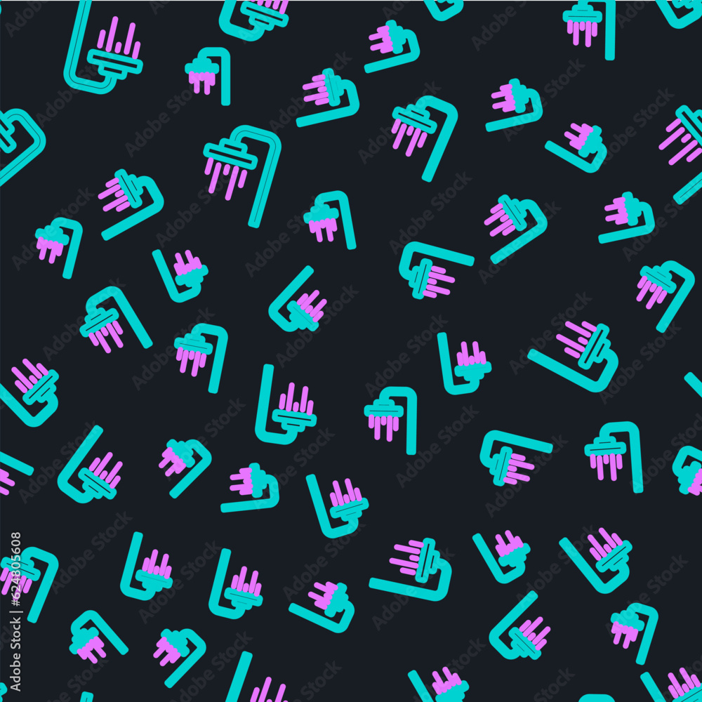 Line Shower head with water drops flowing icon isolated seamless pattern on black background. Vector Line Shower head with water drops flowing icon isolated seamless pattern on black background. Vector