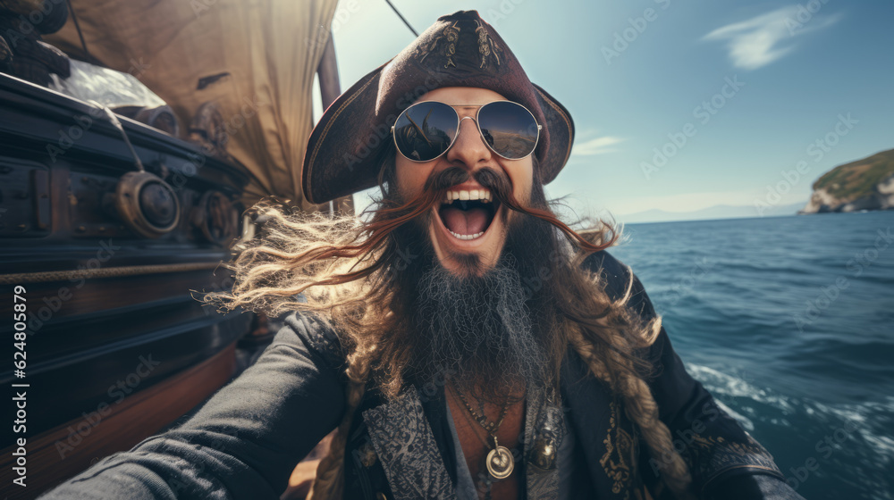 Fototapeta premium Man dressed-up like a pirate with hat and boat background