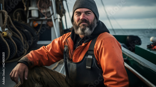 Portrait of adult fisherman on a trawler boat