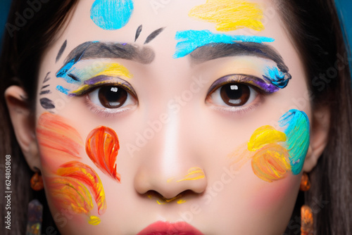 Close up specific portrait of young beautiful girl with colorful face painting, pastel and oil. High resolution.
