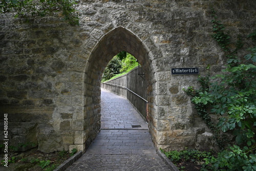 Stone wall with a pointed arch passage. On the background there is a path and railings. The path leads to wood. On the stone wall there is a shield with the street name  it is called s  Hintert  rli. 