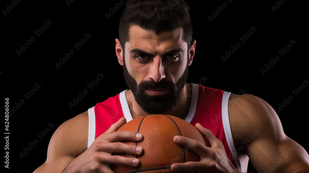 Intense Close-Up of National Team Basketball Player with Grit and Determination. Generative AI. Intense Close-Up of National Team Basketball Player with Grit and Determination. Generative AI.