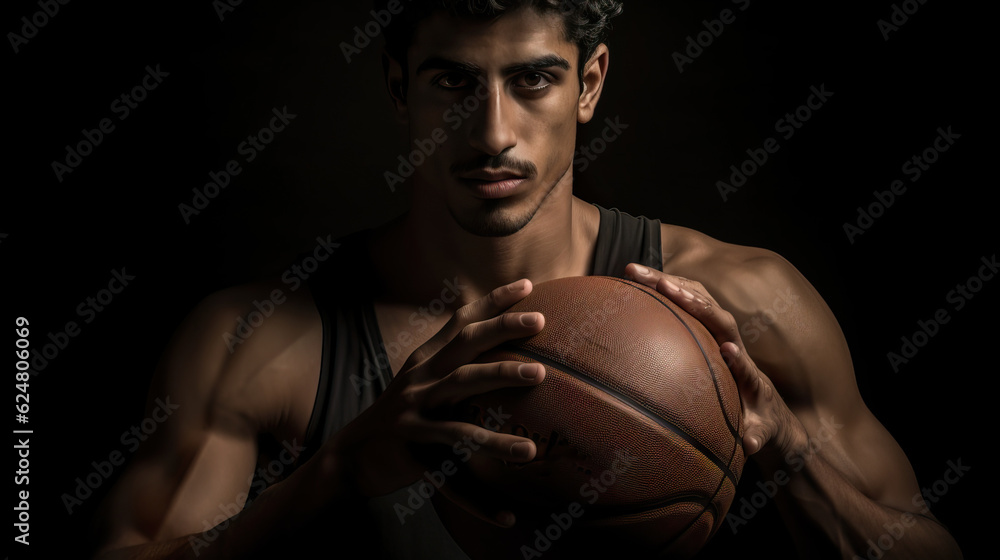 Intense Close-Up of National Team Basketball Player with Grit and Determination. Generative AI. Intense Close-Up of National Team Basketball Player with Grit and Determination. Generative AI.
