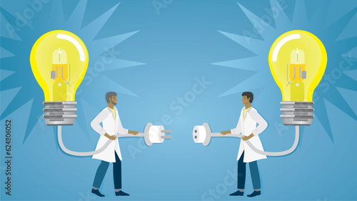 Banner, connecting ideas, research and development. Two men connecting their lightbulbs with shiny ideas. Teamwork, cooperation, supervision. Vector illustration. Dimension 16:9. 
