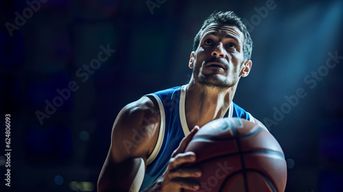 Intense Close-Up of National Team Basketball Player with Grit and Determination. Generative AI.