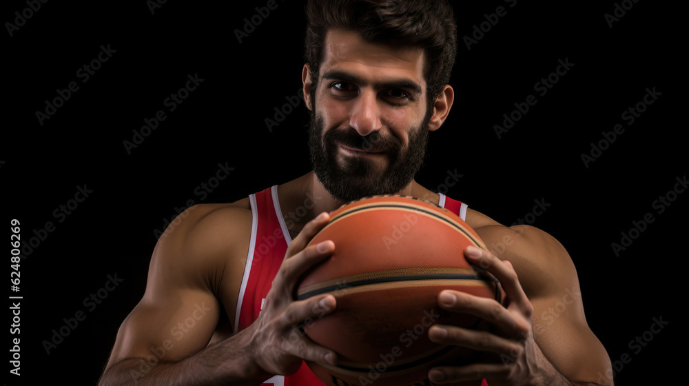 Intense Close-Up of National Team Basketball Player with Grit and Determination. Generative AI. Intense Close-Up of National Team Basketball Player with Grit and Determination. Generative AI.