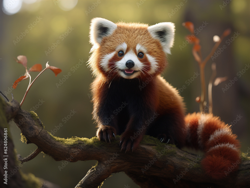 Fototapeta premium Photo of Red Panda: These adorable creatures have a cat-like face and a fluffy tail