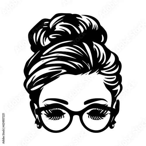 woman face with messy hair in a bun long eyelashes and eye glasses icon