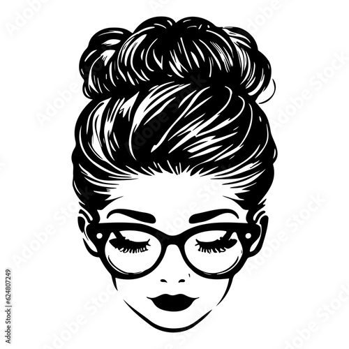 woman face with messy hair in a bun long eyelashes and eye glasses icon