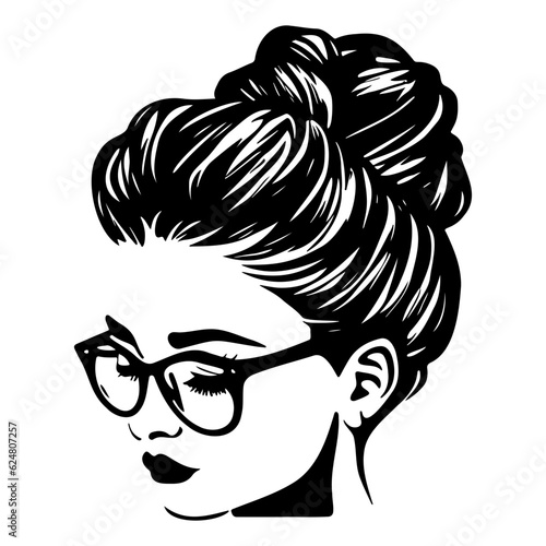 woman face with messy hair in a bun long eyelashes and eye glasses icon