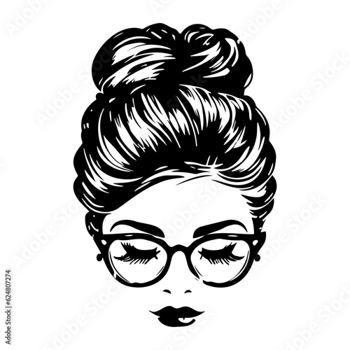 woman face with messy hair in a bun long eyelashes and eye glasses icon
