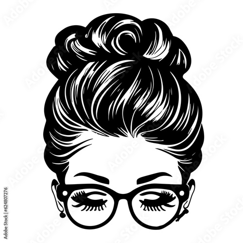 woman face with messy hair in a bun long eyelashes and eye glasses icon