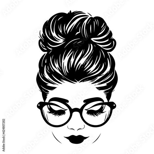 woman face with messy hair in a bun long eyelashes and eye glasses icon
