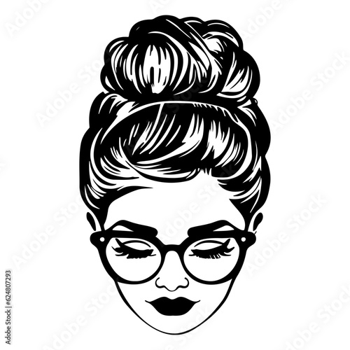 woman face with messy hair in a bun long eyelashes and eye glasses icon