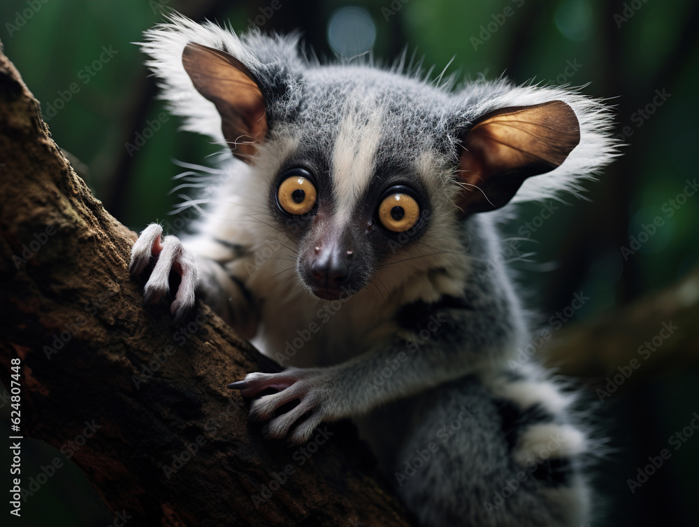 Obraz premium Photo of Aye-aye: A rare and unique lemur species with big eyes and long, bony fingers