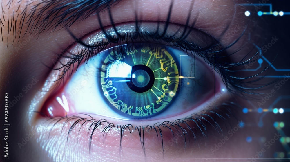 Cyber technology eye panel concept. Human android cyborg eye futuristic concept. Data scanning. Future scientific technology innovation safety science. Artificial intelligence concept. Generative AI