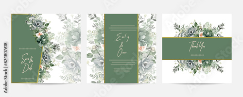 Minimalist wedding card template with green leave watercolor. Jasmine flowers wedding card invitation theme.